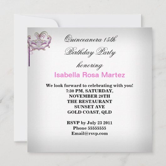 Masquerade Quinceanera 15 Pink Birthday Party Kaart (Achterkant)