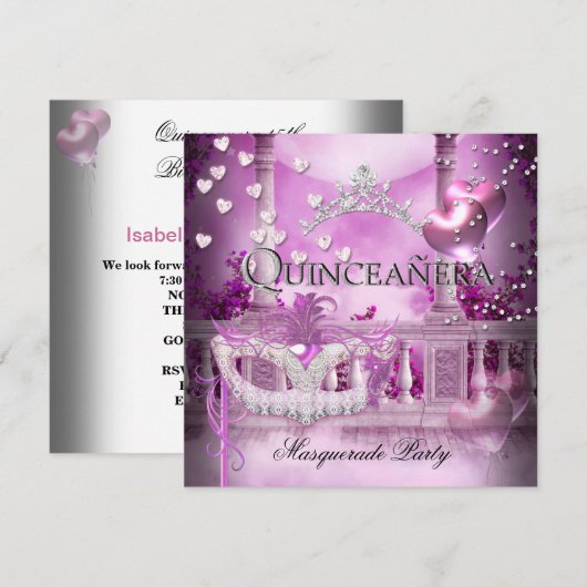 Masquerade Quinceanera 15 Roze Partij Kaart (Voorkant / Achterkant)