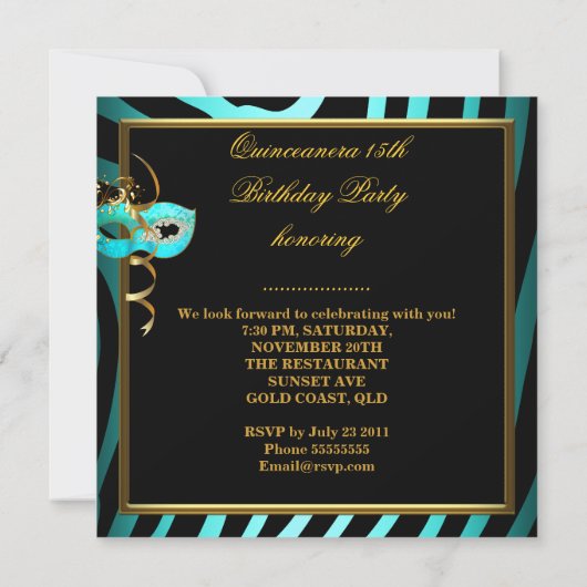 Masquerade Quinceanera 15 Zebra Birthday Party Kaart (Achterkant)