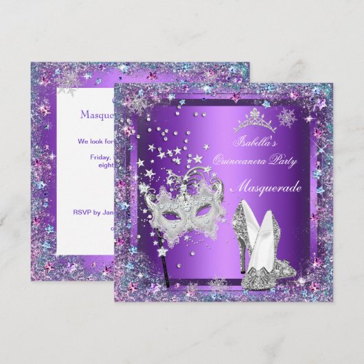 Masquerade Quinceanera 15e Partij Paars Tiara Kaart (Voorkant / Achterkant)