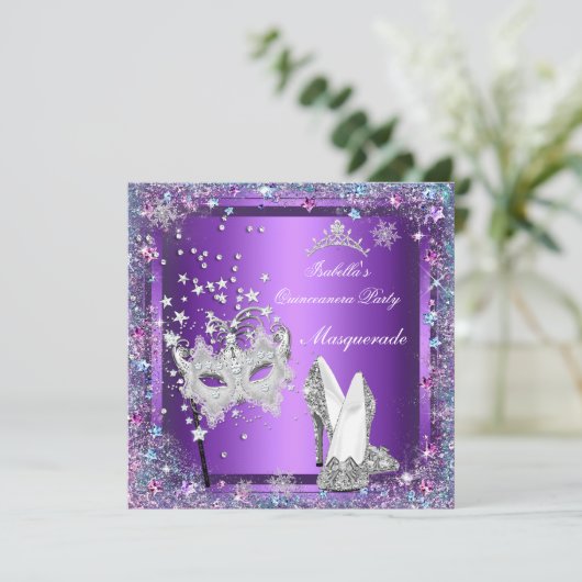 Masquerade Quinceanera 15e Partij Paars Tiara Kaart (Staand voorkant)