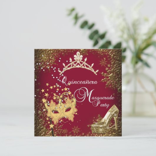 Masquerade Quinceanera 15e partij, rood/Bourgogne Kaart (Staand voorkant)