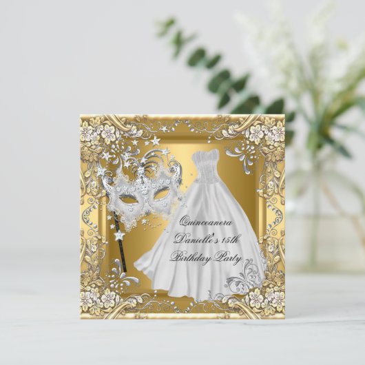 Masquerade Quinceanera 15e verjaardag Masker Gold  Kaart (Staand voorkant)