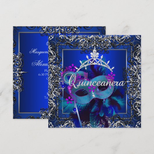 Masquerade Quinceanera 15th Birthday Party Blue Kaart (Voorkant / Achterkant)
