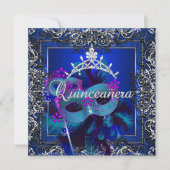 Masquerade Quinceanera 15th Birthday Party Blue Kaart (Voorkant)