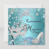 Masquerade Quinceanera 15th Party Blue Tiara Shoe Kaart (Voorkant)