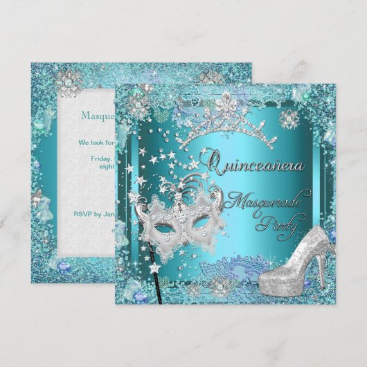Masquerade Quinceanera 15th Party Blue Tiara Shoe Kaart (Voorkant / Achterkant)