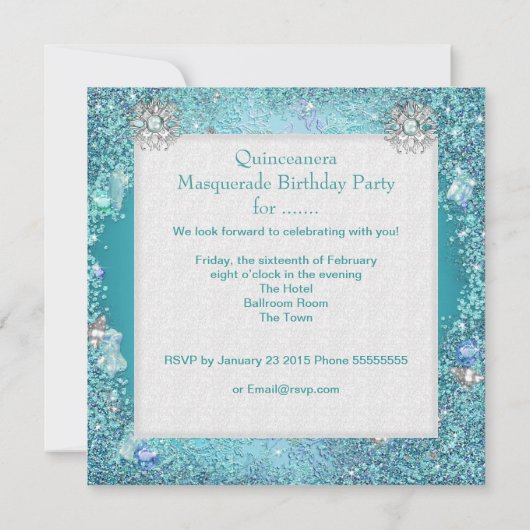 Masquerade Quinceanera 15th Party Blue Tiara Shoe Kaart (Achterkant)