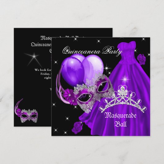 Masquerade Quinceanera Birthday Paars Roos Kaart (Voorkant / Achterkant)