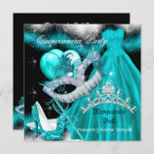 Masquerade Quinceanera Birthday Party Blauwgroen 3 Kaart (Voorkant / Achterkant)