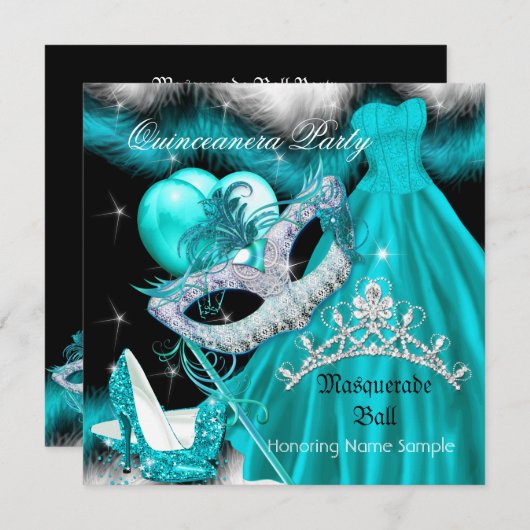 Masquerade Quinceanera Birthday Party Blauwgroen 3 Kaart (Voorkant / Achterkant)