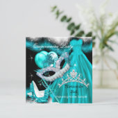 Masquerade Quinceanera Birthday Party Blauwgroen 3 Kaart (Staand voorkant)