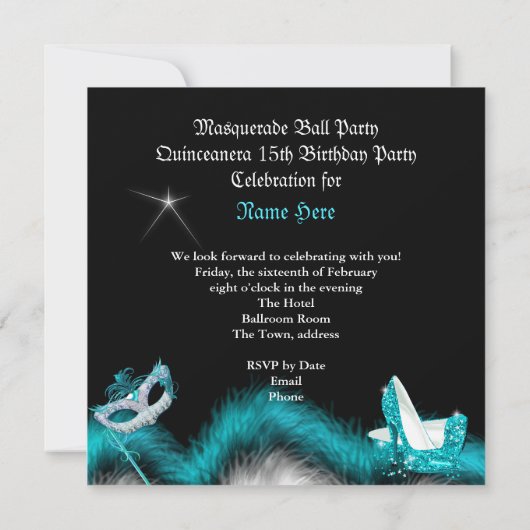 Masquerade Quinceanera Birthday Party Blauwgroen 3 Kaart (Achterkant)