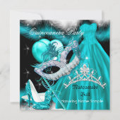 Masquerade Quinceanera Birthday Party Blauwgroen 3 Kaart (Voorkant)