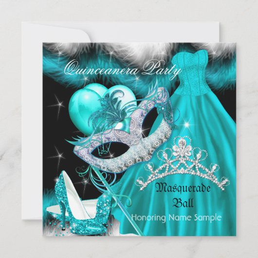 Masquerade Quinceanera Birthday Party Blauwgroen 3 Kaart (Voorkant)