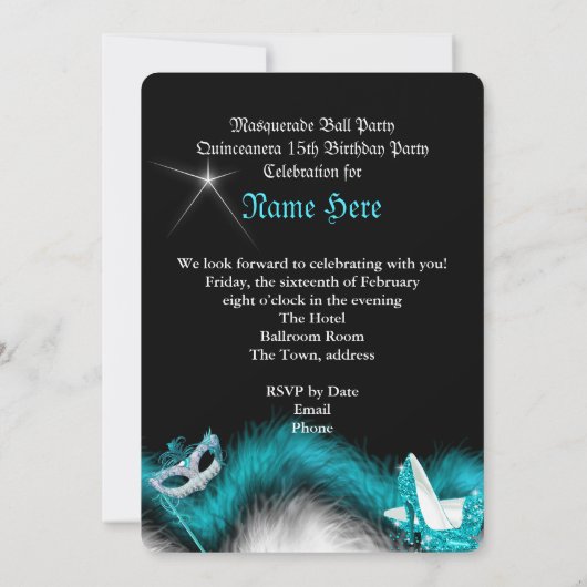 Masquerade Quinceanera Birthday Party Blauwgroen 3 Kaart (Achterkant)