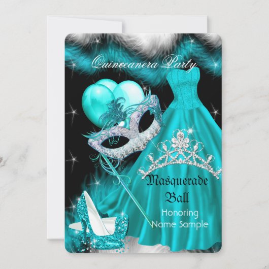 Masquerade Quinceanera Birthday Party Blauwgroen 3 Kaart (Voorkant)