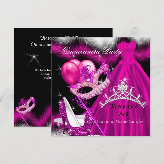 Masquerade Quinceanera Birthday Party roze 3 Kaart (Voorkant / Achterkant)