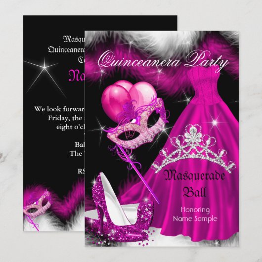Masquerade Quinceanera Birthday Party roze 3a Kaart (Voorkant / Achterkant)