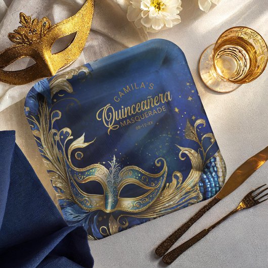 Masquerade Quinceanera Blue Gold ID1031 Papieren Bordje
