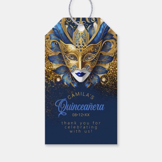 Masquerade Quinceanera Blue Gold V2 ID1031 Cadeaulabel (Voorkant)