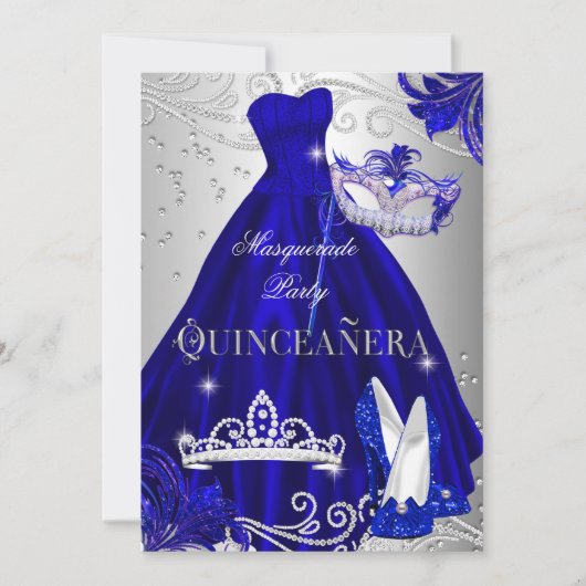 Masquerade Quinceanera Blue Silver Dress Heels Kaart (Voorkant)