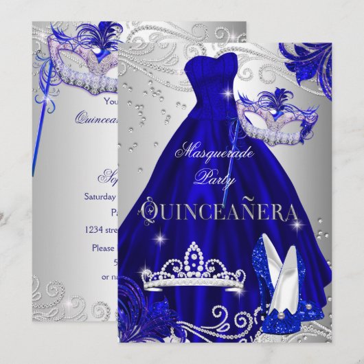 Masquerade Quinceanera Blue Silver Dress Heels Kaart (Voorkant / Achterkant)