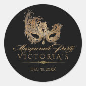 Masquerade Quinceanera Chic Zwart Goud Ronde Sticker (Voorkant)