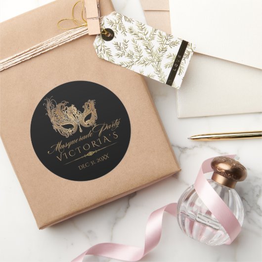 Masquerade Quinceanera Chic Zwart Goud Ronde Sticker (Geschenken)