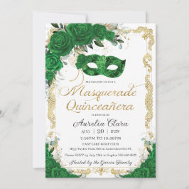 Masquerade Quinceañera Emerald Green Floral Gold Kaart
