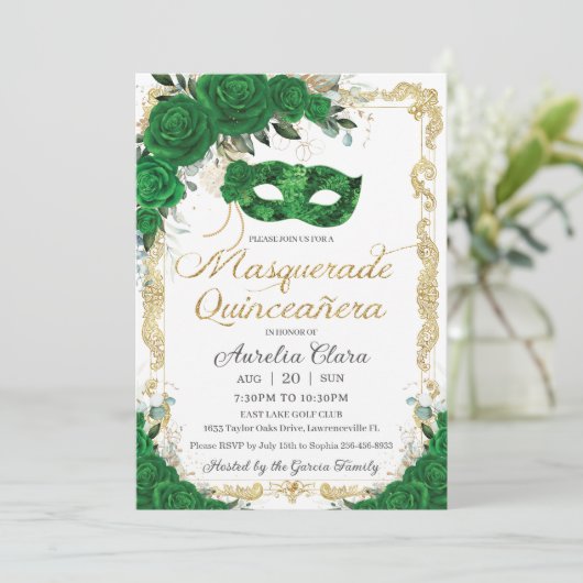 Masquerade Quinceañera Emerald Green Floral Gold Kaart (Staand voorkant)