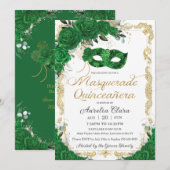 Masquerade Quinceañera Emerald Green Floral Gold Kaart (Voorkant / Achterkant)