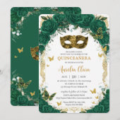 Masquerade Quinceañera Emerald Green Floral Gold Kaart (Voorkant / Achterkant)