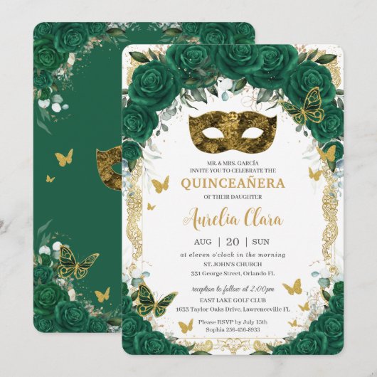 Masquerade Quinceañera Emerald Green Floral Gold Kaart (Voorkant / Achterkant)