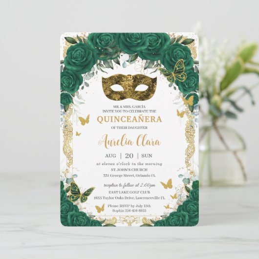 Masquerade Quinceañera Emerald Green Floral Gold Kaart (Staand voorkant)