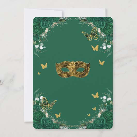 Masquerade Quinceañera Emerald Green Floral Gold Kaart (Achterkant)