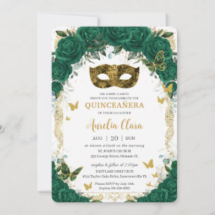 Masquerade Quinceañera Emerald Green Floral Gold Kaart