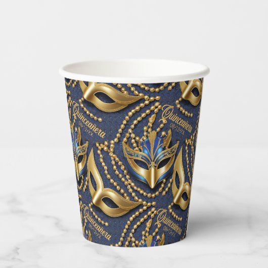 Masquerade Quinceanera Kralen Maskers Blauw ID1031 Papieren Bekers (Achterkant)