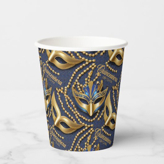 Masquerade Quinceanera Kralen Maskers Blauw ID1031 Papieren Bekers (Voorkant)