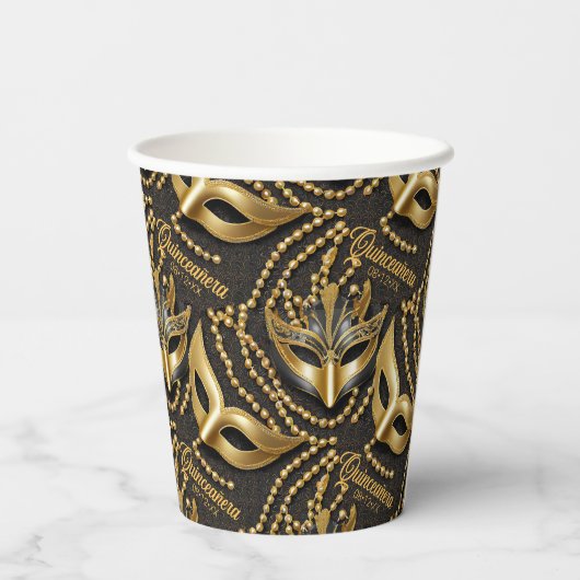 Masquerade Quinceanera Kralen Maskers Zwart ID1031 Papieren Bekers (Achterkant)