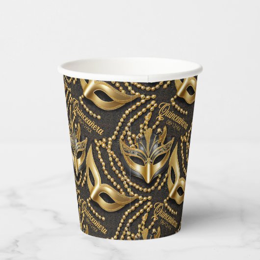 Masquerade Quinceanera Kralen Maskers Zwart ID1031 Papieren Bekers (Rechts)
