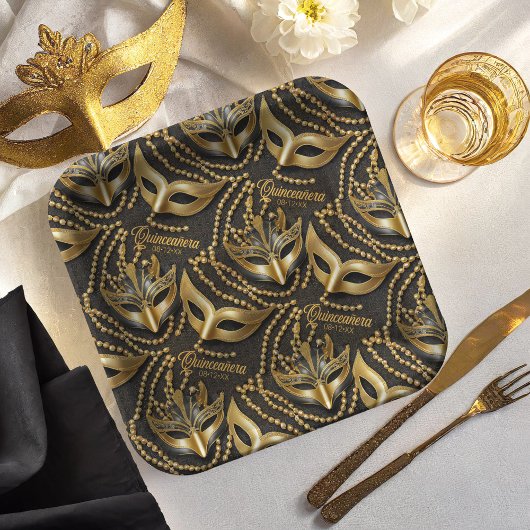 Masquerade Quinceanera Kralen Maskers Zwart ID1031 Papieren Bordje