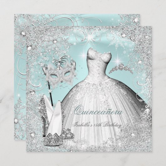 Masquerade Quinceanera Mint Blue Silver Snowflakes Kaart (Voorkant / Achterkant)
