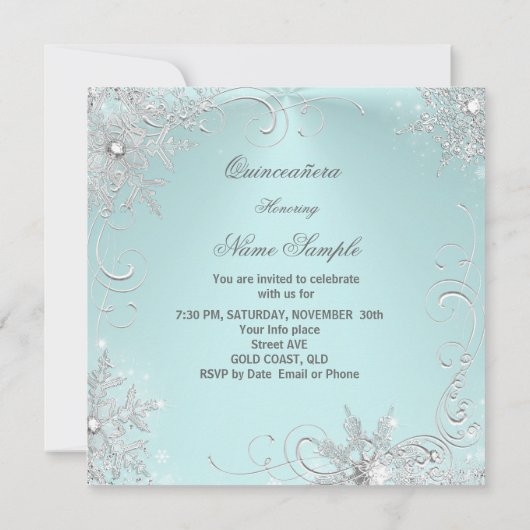 Masquerade Quinceanera Mint Blue Silver Snowflakes Kaart (Achterkant)
