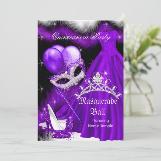 Masquerade Quinceanera Paars Black Feather 2a Kaart (Staand voorkant)