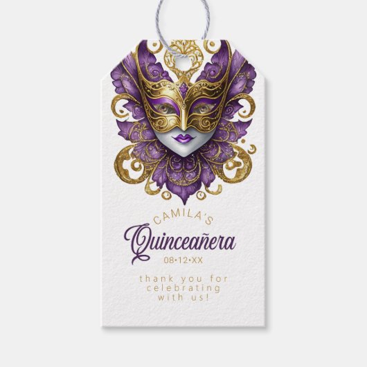 Masquerade Quinceanera Paars Goud ID1031 Cadeaulabel (Voorkant)