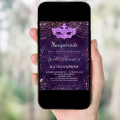 Masquerade Quinceanera paars roos gouden feest Kaart