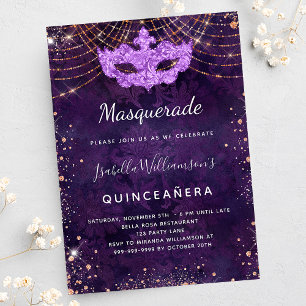 Masquerade Quinceanera paars roos gouden feest Kaart
