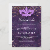 Masquerade Quinceanera paars roos gouden feest Kaart (Voorkant)
