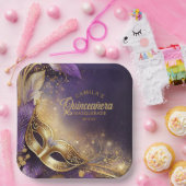 Masquerade Quinceanera Paarse Goud ID1031 Papieren Bordje (Feest)